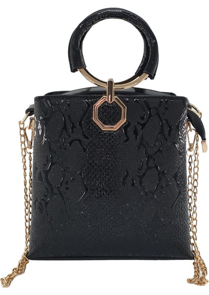 Siyah Yılan Baskılı Halka Kulplu Zincirli El ve Omuz Kadın Çantası fırsatları