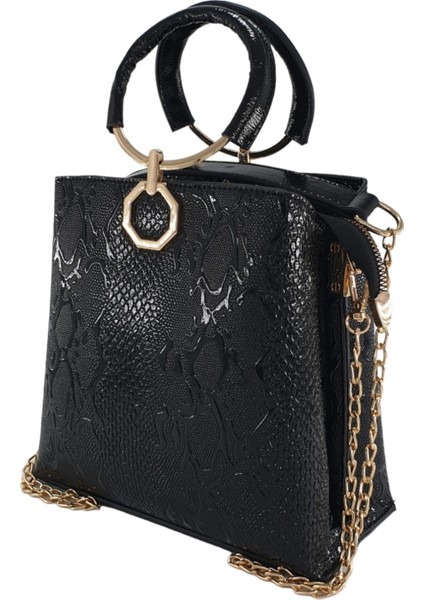 Siyah Yılan Baskılı Halka Kulplu Zincirli El ve Omuz Kadın Çantası indirimleri