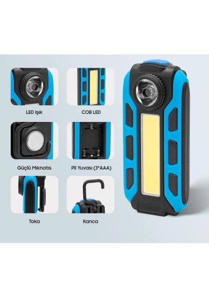 Aaa Pilli 300 Lümen 4 Watt Cob LED Çok Fonksiyonlu Çalışma Lambası-Kamp Feneri