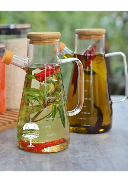 2 Adet 900 ml Bambu Kapaklı Borosilikat Cam Yağdanlık Sirkelik Süt Saklama Su Sürahisi