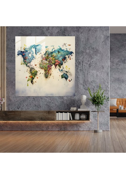 Suluboya Dünya Haritası Cam Baskı - Dünya Haritası, Duvar Süslemesi, Flora, Ev Dekorasyonu, 30X30 fiyatları