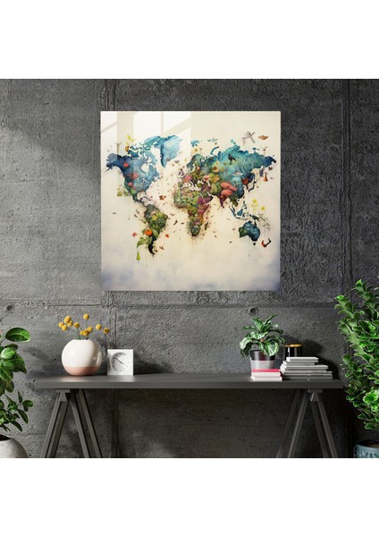 Suluboya Dünya Haritası Cam Baskı - Dünya Haritası, Duvar Süslemesi, Flora, Ev Dekorasyonu, 30X30 modelleri