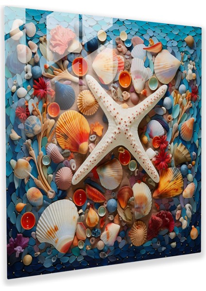 Deniz Kenarı Mozaik Cam Baskı - Plaj, Cam Baskı, Cam Duvar Sanatı, Deniz Kabukları, 70X70