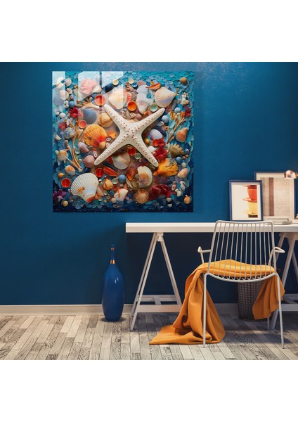 Deniz Kenarı Mozaik Cam Baskı - Plaj, Cam Baskı, Cam Duvar Sanatı, Deniz Kabukları, 70X70 fiyatları