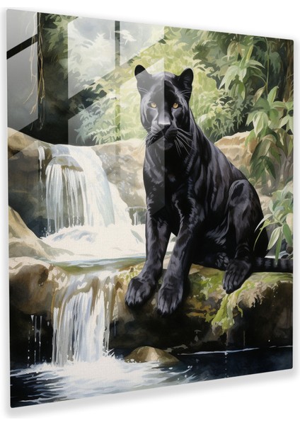 Sakin Kara Panter Cam Baskı - Kara Panter, Suluboya Tablo, Güzellik, Duvar Süslemesi, 70X70