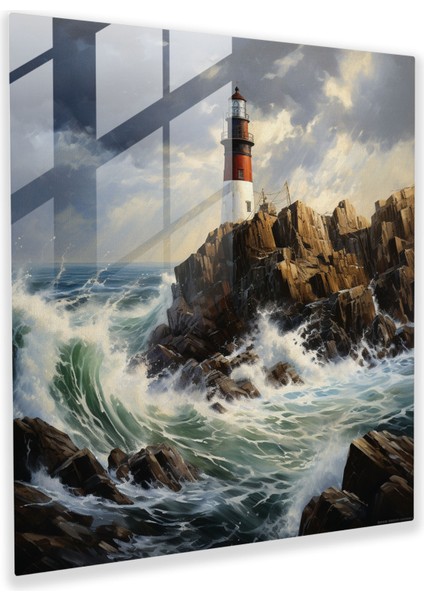 Yol Gösterici Işık Cam Baskı - Plaj, Rehberlik, Deniz Manzarası Tablosu, Deniz Feneri, 50X50