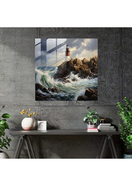 Yol Gösterici Işık Cam Baskı - Plaj, Rehberlik, Deniz Manzarası Tablosu, Deniz Feneri, 50X50 modelleri