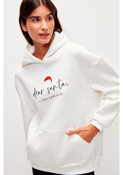 Yılbaşı Temalı Kapüşonlu Düz Renk Sweatshirt-Beyaz