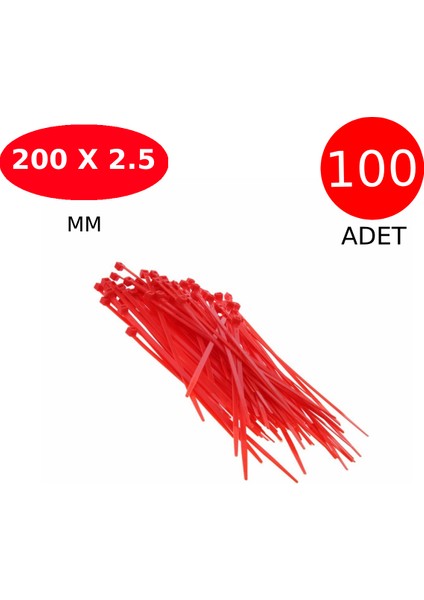 Kablo Bağı Plastik Cırt Kelepçe 200 mm x 2.5 mm Kırmızı 100 Adet