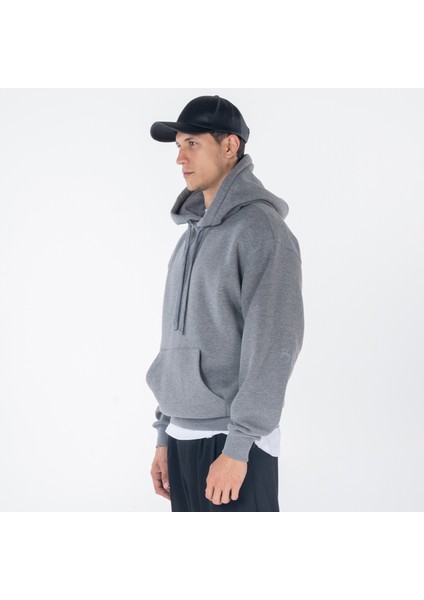 Agar Erkek Gri Melanj Kanguru Cepli Kapüşonlu Oversize Hoodie Sweatshirt
