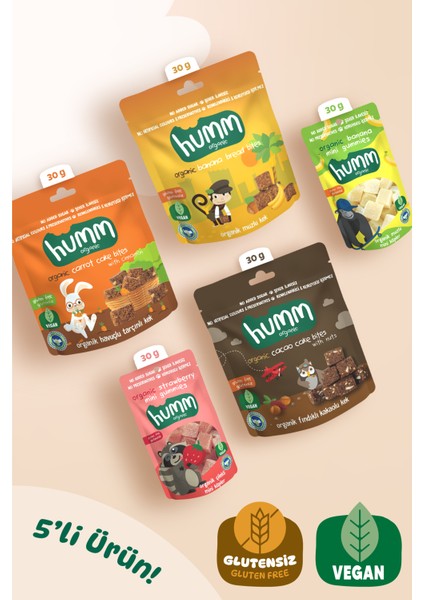 Humm Organic - Organik Glutensiz Vegan Kek & Mini Küp Atıştımalık Paketi - 5 Adet (5 Çeşit)