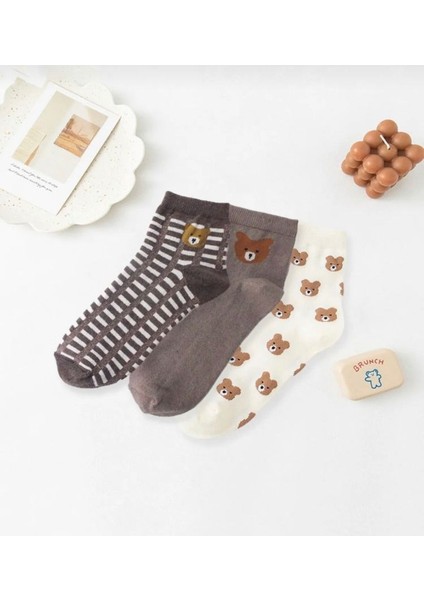 Unisex Teddy Bear Desenli Yarım Kolej 3'lü Set Çorap