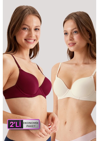 2'li Ekonomik Paket Inci Bordo 6804 Lens Balenli Desteksiz Micro T-Shirt Sütyen Set