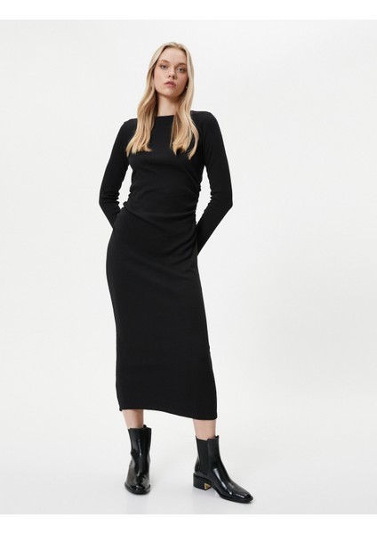 Midi Elbise Bisiklet Yaka Uzun Kollu Slim Fit