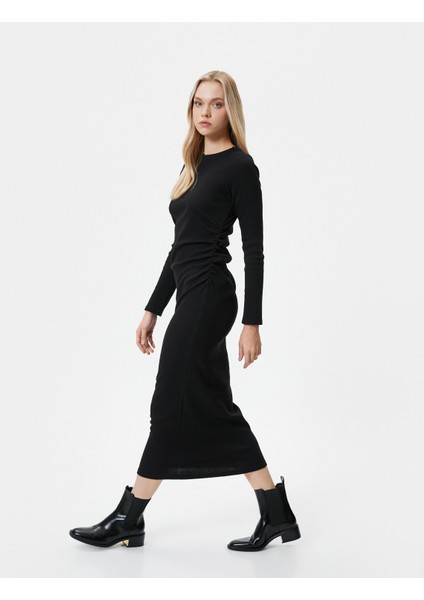 Midi Elbise Bisiklet Yaka Uzun Kollu Slim Fit