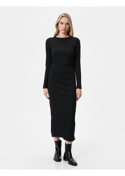 Midi Elbise Bisiklet Yaka Uzun Kollu Slim Fit