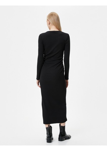 Midi Elbise Bisiklet Yaka Uzun Kollu Slim Fit