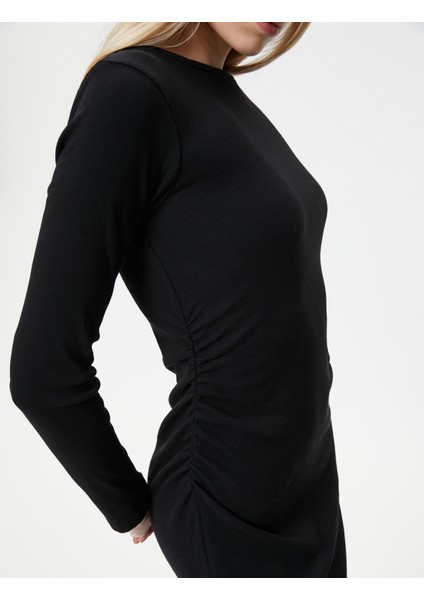 Midi Elbise Bisiklet Yaka Uzun Kollu Slim Fit