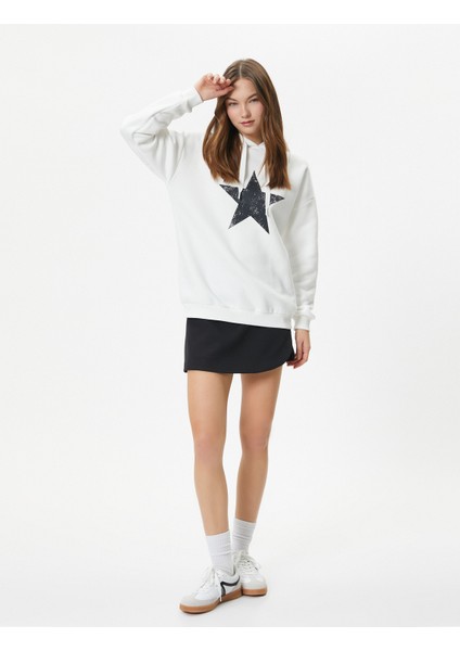 Oversize Kapşonlu Sweatshirt Yıldız Baskılı Uzun Kollu