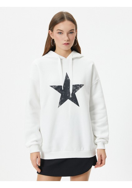 Oversize Kapşonlu Sweatshirt Yıldız Baskılı Uzun Kollu
