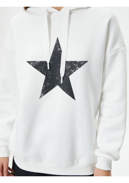Oversize Kapşonlu Sweatshirt Yıldız Baskılı Uzun Kollu