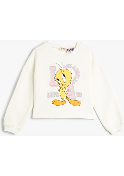 Crop Sweatshirt Tweety Baskılı Lisanslı Şardonlu Sim Baskı Detaylı