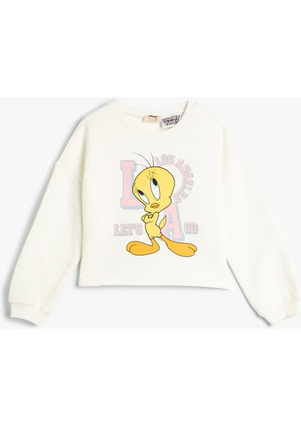 Crop Sweatshirt Tweety Baskılı Lisanslı Şardonlu Sim Baskı Detaylı