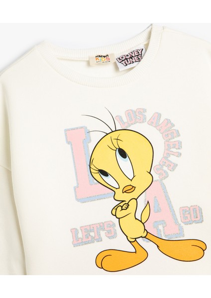 Crop Sweatshirt Tweety Baskılı Lisanslı Şardonlu Sim Baskı Detaylı