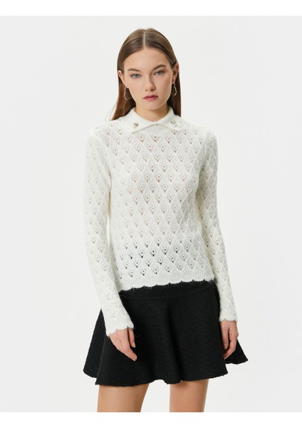 Polo Yaka Ajurlu Triko Kazak Slim Fit Yumuşak Dokulu Inci Broş Detaylı modelleri