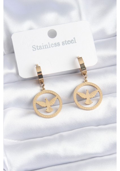 316L Çelik Gold Renk Kuş Model Işleme Detay Kadın Küpe