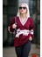 Bordo V Yaka Nakışlı Kadın Kazak MG1279 1