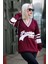 Bordo V Yaka Nakışlı Kadın Kazak MG1279 3