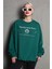 Koyu Yeşil Bisiklet Yaka Baskılı Oversize Kadın Sweatshirt MG1577 1