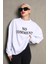 Beyaz Bisiklet Yaka Baskılı Oversize Kadın Sweatshirt MG1902 2