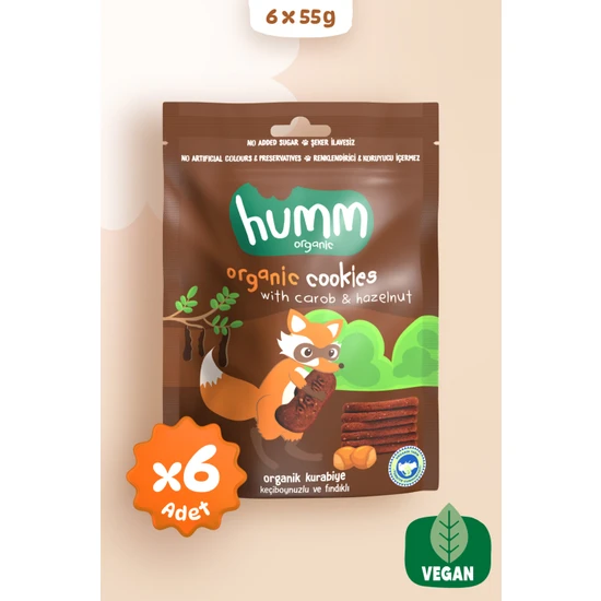 Humm Organic - Organik Vegan Keçiboynuzlu ve Fındıklı Kurabiye Atıştırmalık Paketi - 6 Adet