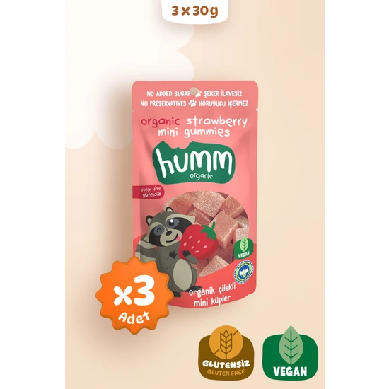 Humm Organic - Organik Glutensiz Vegan Çilekli Mini Küpler Atıştırmalık Paketi - 3 Adet
