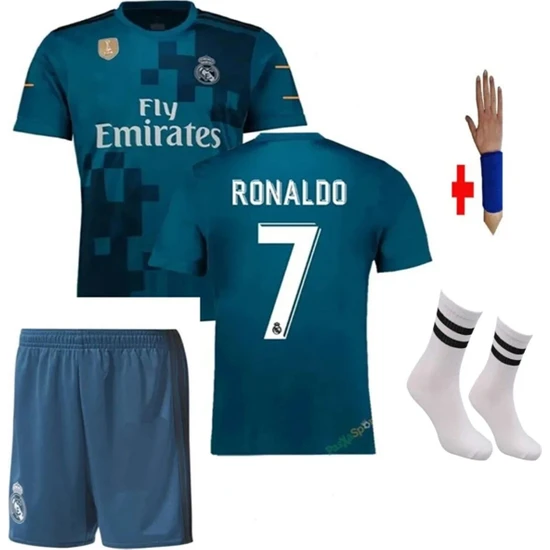 Zilong Real Madrid Cristiano Ronaldo 2017/18 Sezon Turkuaz Mavisi Çocuk Futbol Forması 4'lü Set