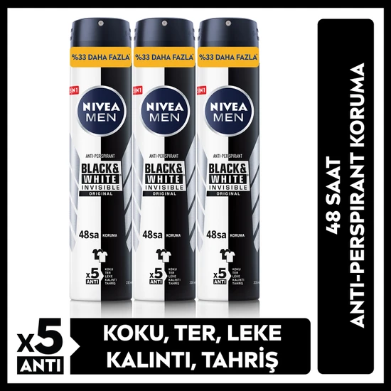 Nivea Men Erkek Sprey Deodorant  Black&white Invisible Original 48 Saat Anti-Perspirant Koruma 200 ml x 3 Adet