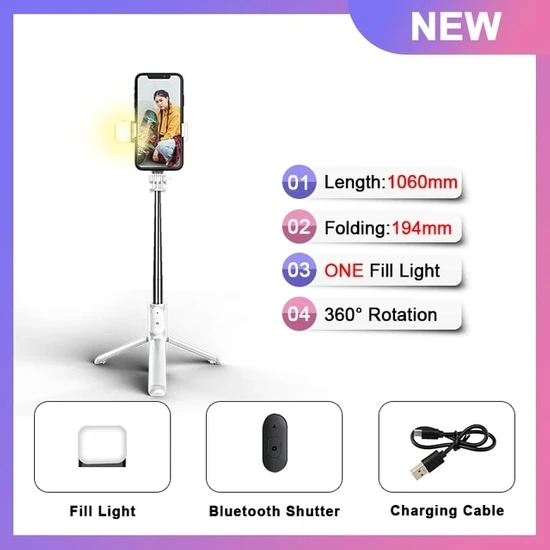 Ganbao Beyaz Işıklı Cool Dıer 2022 Kablosuz Bluetooth Selfie Çubuğu Katlanabilir Mini Tripod, Akıllı Telefon Için Dolgu Işığı ile Bluetooth Deklanşör (Yurt Dışından)