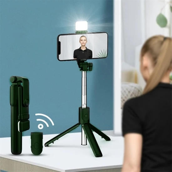 Ganbao Yeşil Cep Telefonu Selfie Çubuğu Tripod Bluetooth Uzaktan Kablosuz Selfi Çubuk Telefon Tutucu iPhone Huawei Için Güzellik Dolgu Işığı ile Standı (Yurt Dışından)