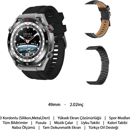 Robeve G3 Watch Ultimate Akıllı Saat Tüm Telefonlarla Uyumlu Akıllı Saat 49MM 2.02INÇ Akıllı Saat 3 Kordonlu Akıllı Saat Kalp Ritmi Adımsayar Akıllı Saat Metal Deri Silikon Kordonlu Akıllı Saat