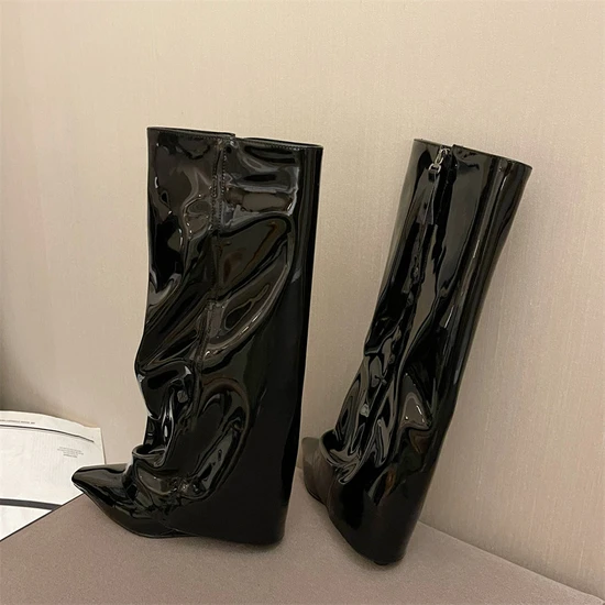 Chunkyated Ama Diz Boyu Çizmeler Kadın Siyah Sivri Uçlu Yüksek Topuklu Şövalye Çizmeleri Rugan Pantolon Çizmeler (Yurt Dışından)