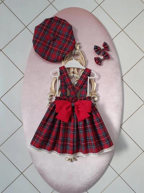 Eylülce Butik Kız Çocuk Ekoseli Salopet Elbise & Şapka & Toka Takım