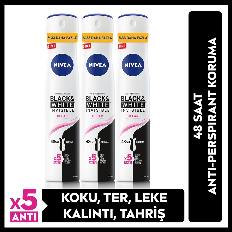 Nivea Kadın Sprey Deodorant Black & White Invisible Clear 48 Saat Anti-Perspirant Koruma 200 ml x 3 Adet