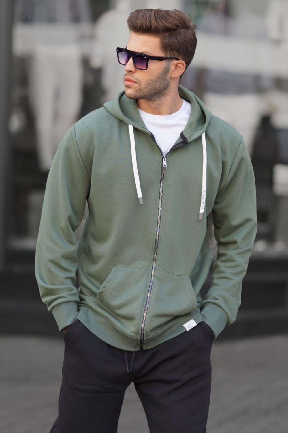 Madmext Haki Yeşili Fermuarlı Kapüşonlu Sweatshirt 6161 görsel 6