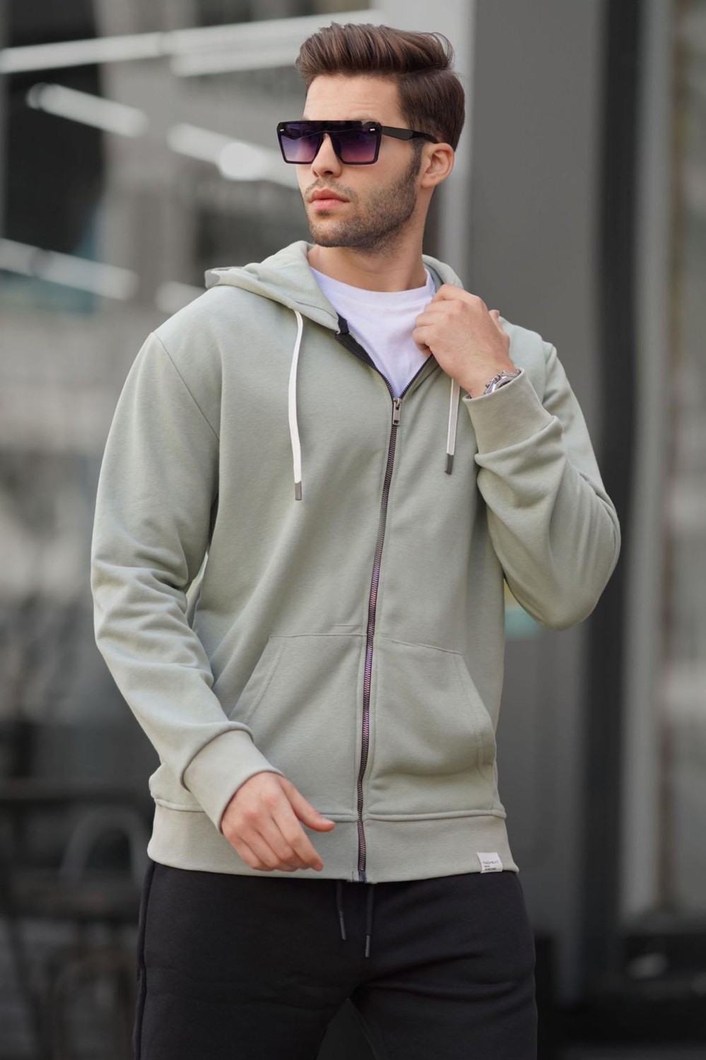 Madmext Haki Yeşili Fermuarlı Kapüşonlu Sweatshirt 6161