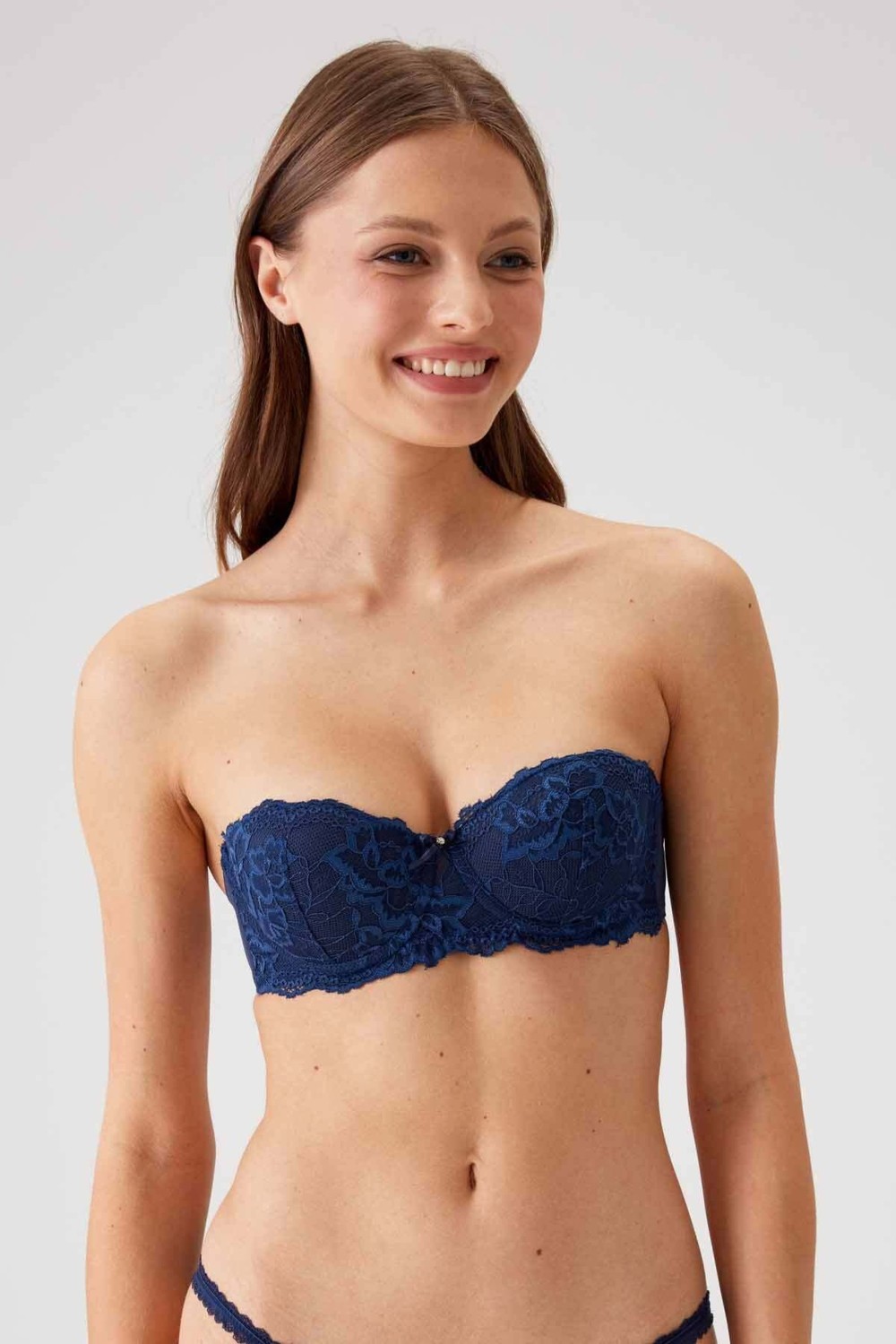 Pierre Cardin 2'li Ekonomik Paket Ekru Lacivert 6202-2 Siena Balenli Desteksiz Straplez Dantelli Sütyen Set görsel 2