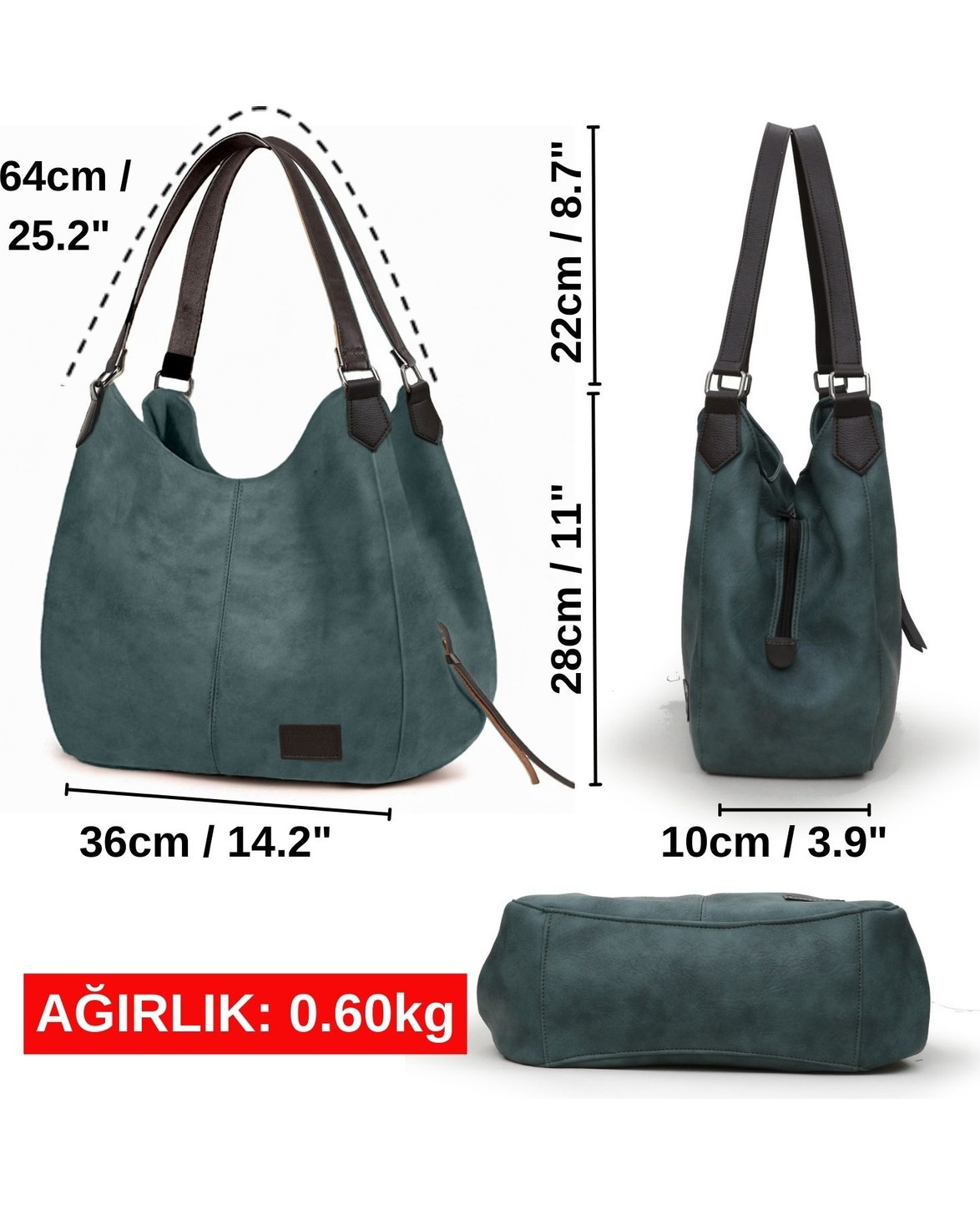 Cappadocia Vintage Myra Kadın Pu Deri Günlük Omuz Çantası Üç Bölmeli Hobo Tote El Çantası görsel 7