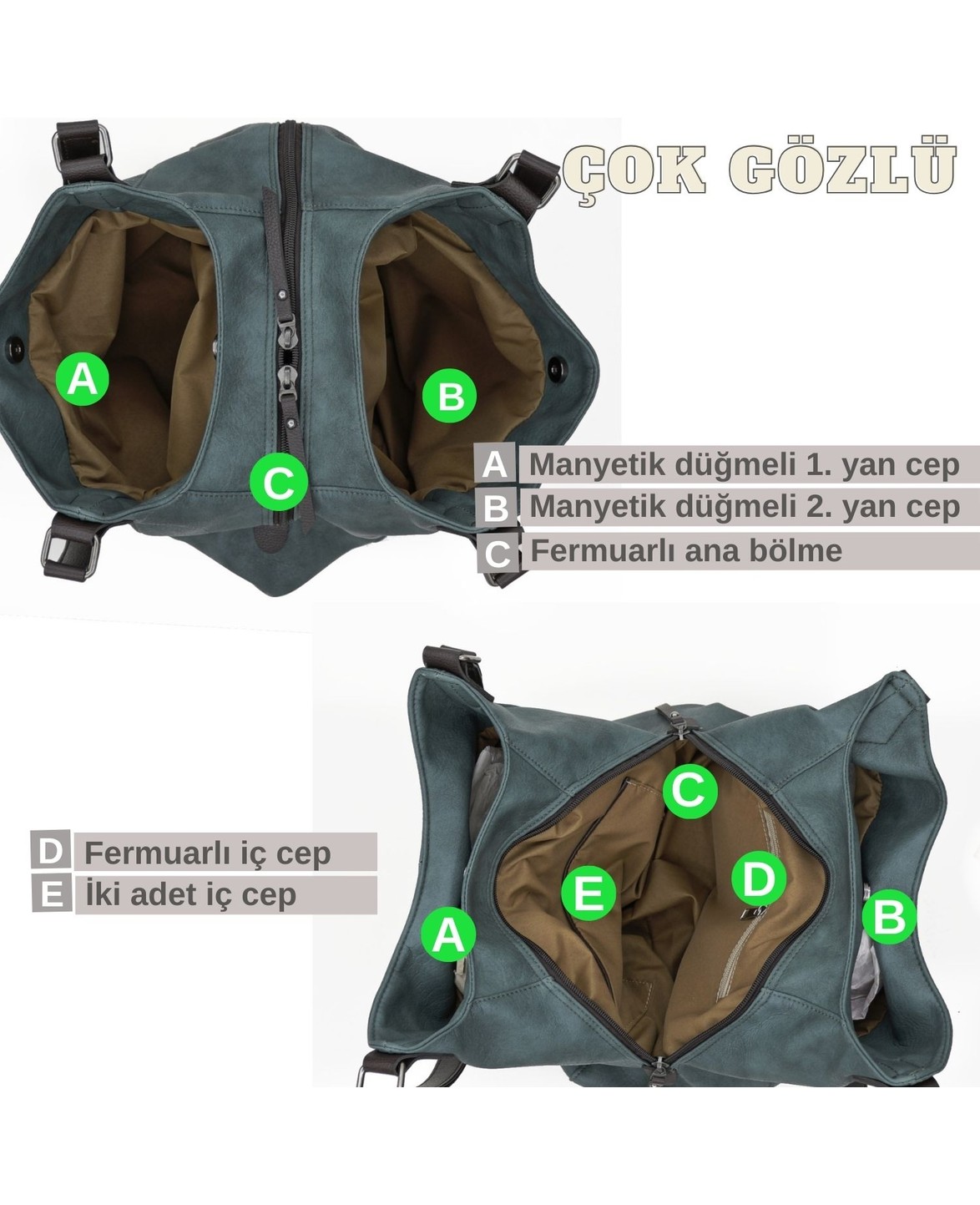 Cappadocia Vintage Myra Kadın Pu Deri Günlük Omuz Çantası Üç Bölmeli Hobo Tote El Çantası görsel 8
