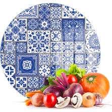 Decovetro Cam Kesme Tahtası Yuvarlak Mavi Çini Motif Desenli 30X30 cm